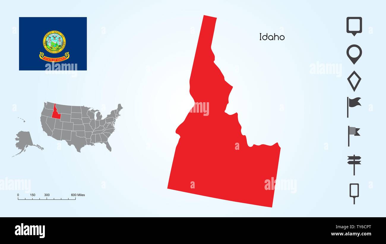 Karte der Vereinigten Staaten von Amerika mit dem ausgewählten Zustand von Idaho und Idaho Flagge mit Locator Collection. Stock Vektor