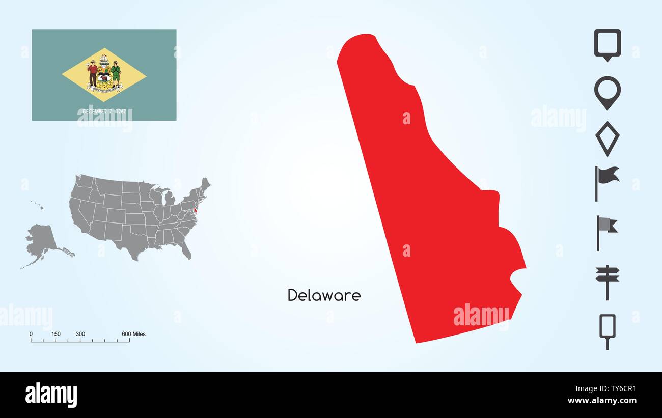 Karte der Vereinigten Staaten von Amerika mit den Ausgewählten Zustand von Delaware und Maryland Flagge mit Locator Collection. Stock Vektor