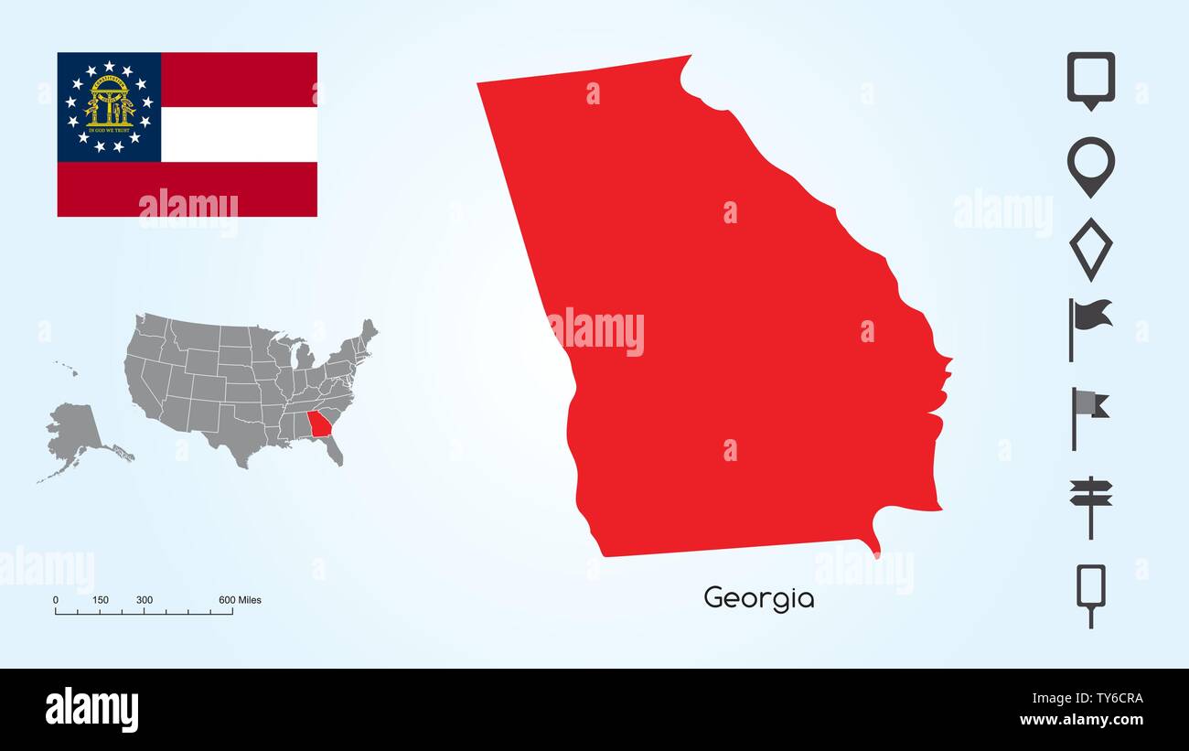 Karte der Vereinigten Staaten von Amerika mit dem ausgewählten Zustand von Georgia und Georgien Fahne mit Locator Collection. Stock Vektor
