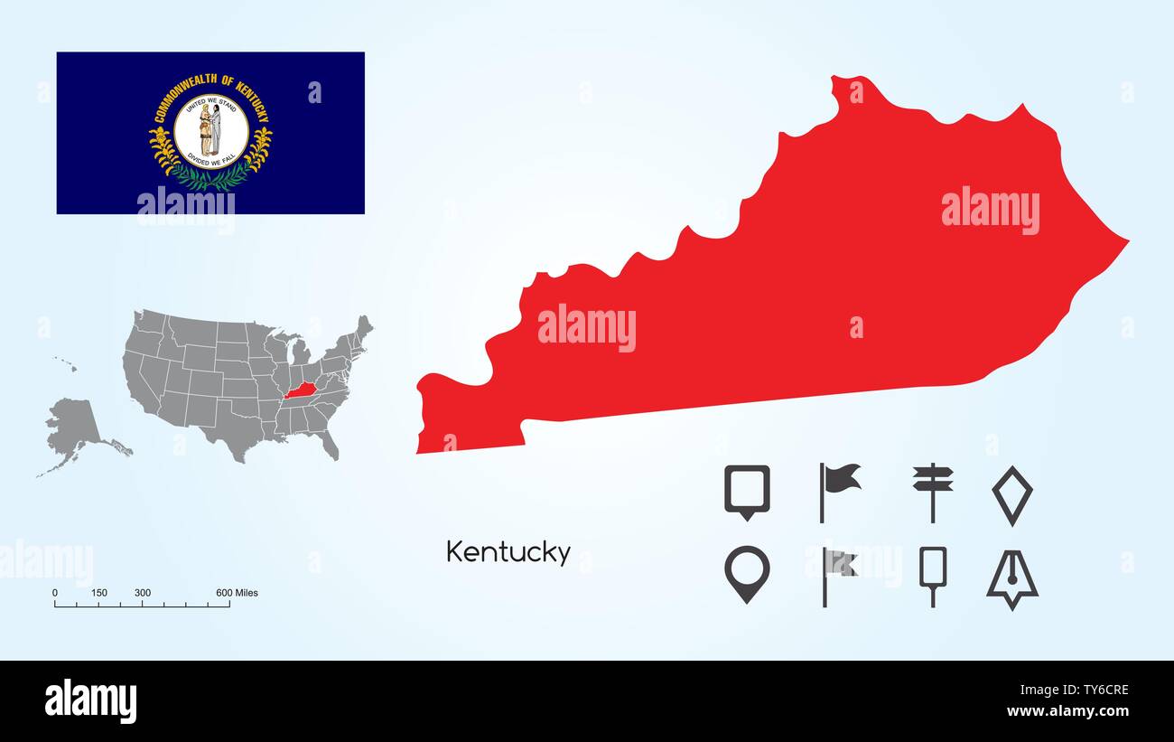 Karte der Vereinigten Staaten von Amerika mit dem ausgewählten Zustand von Kentucky und Kentucky Flagge mit Locator Collection. Stock Vektor