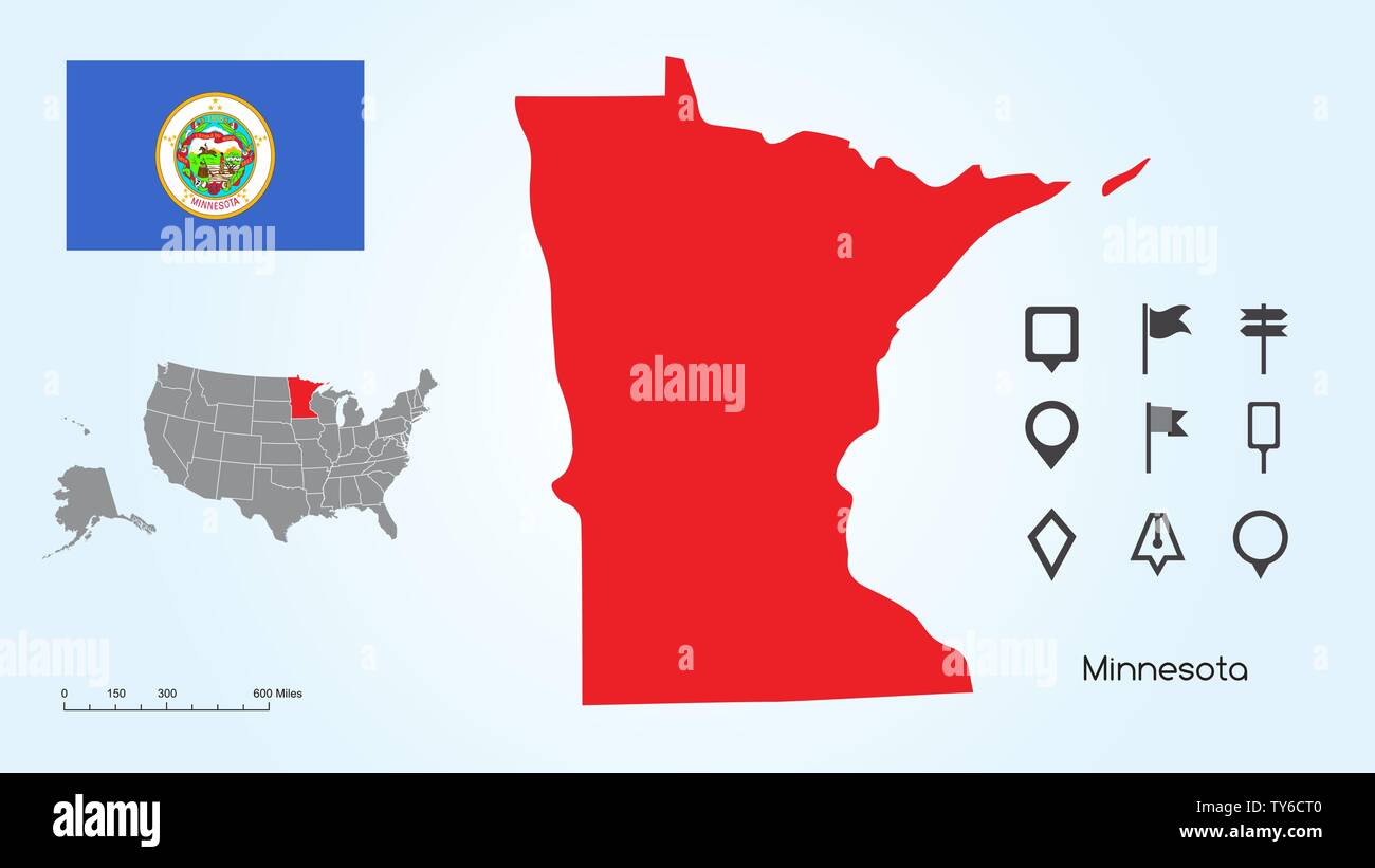 Karte der Vereinigten Staaten von Amerika mit dem ausgewählten Zustand von Minnesota und Minnesota Flagge mit Locator Collection. Stock Vektor