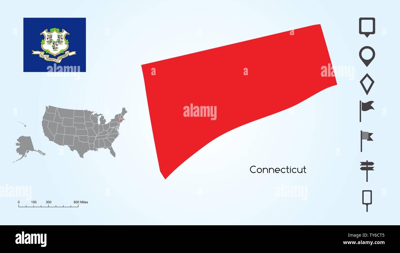 Karte der Vereinigten Staaten von Amerika mit dem ausgewählten Zustand von Connecticut und Connecticut Flagge mit Locator Collection. Stock Vektor
