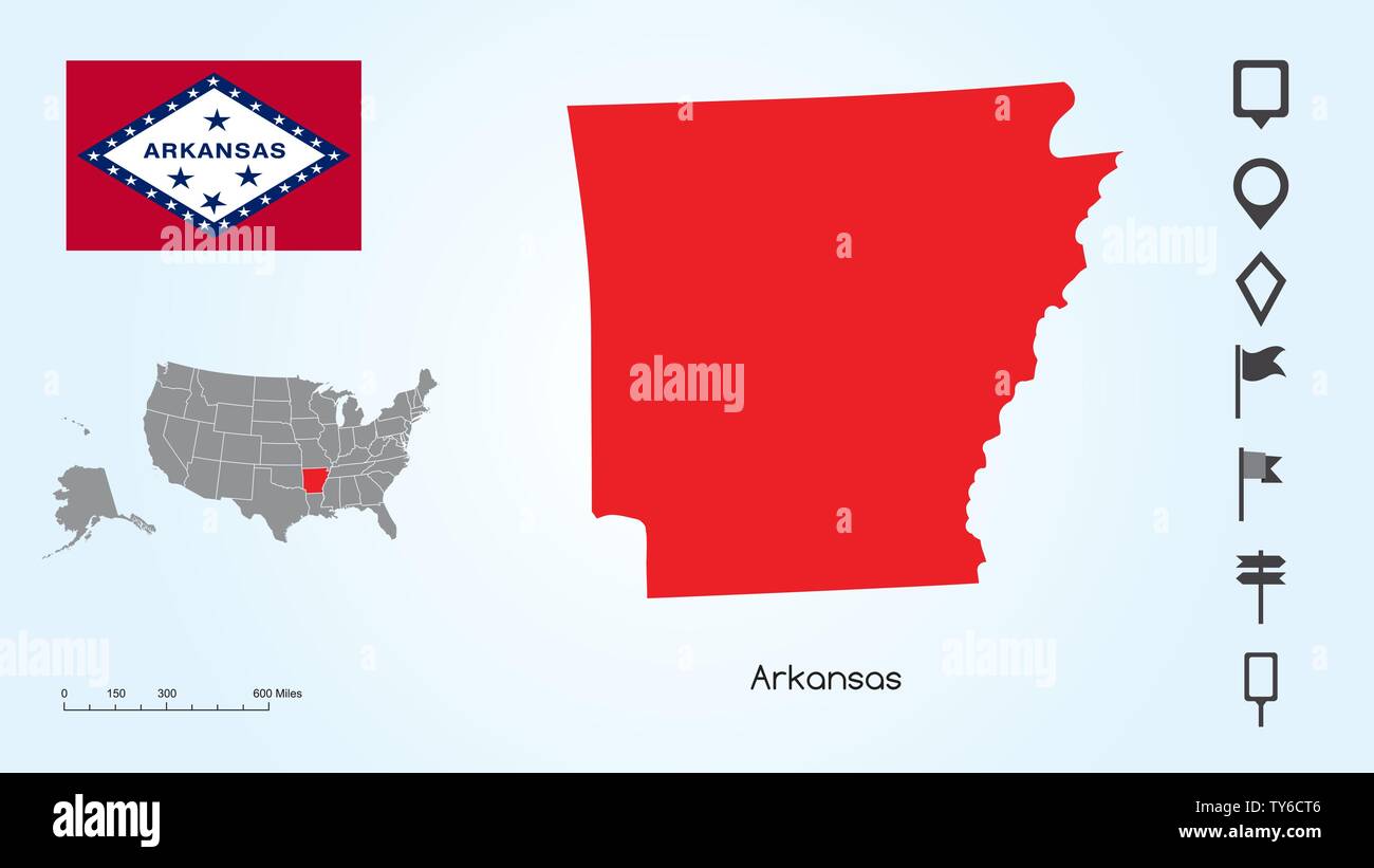 Karte der Vereinigten Staaten von Amerika mit dem ausgewählten Zustand von Arkansas und Arkansas Flagge mit Locator Collection. Stock Vektor
