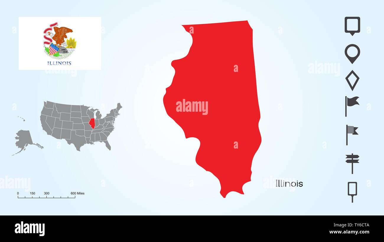 Karte der Vereinigten Staaten von Amerika mit dem ausgewählten Zustand von Illinois und Illinois Flagge mit Locator Collection. Stock Vektor