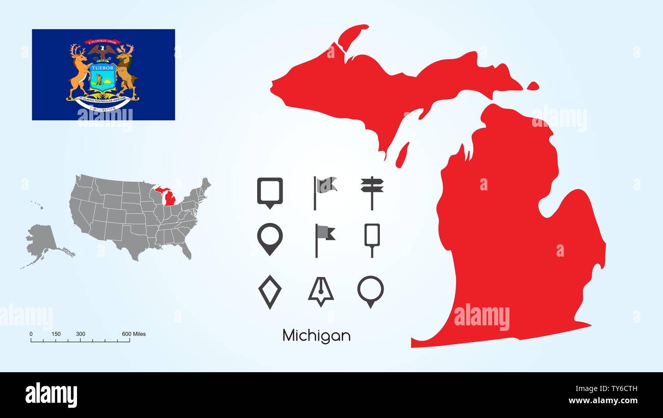 Karte der Vereinigten Staaten von Amerika mit dem ausgewählten Zustand von Michigan und Michigan Flagge mit Locator Collection. Stock Vektor