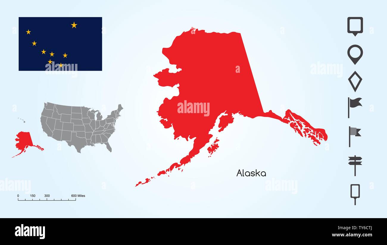 Karte der Vereinigten Staaten von Amerika mit dem ausgewählten Zustand von Alaska und Alaska Flagge mit Locator Collection. Stock Vektor