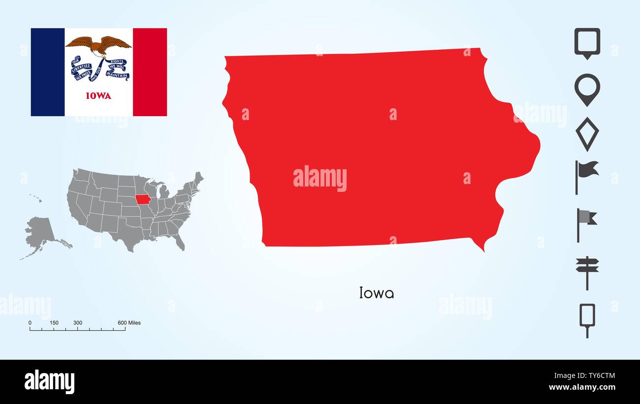 Karte der Vereinigten Staaten von Amerika mit dem ausgewählten Zustand von Iowa und Iowa Flagge mit Locator Collection. Stock Vektor