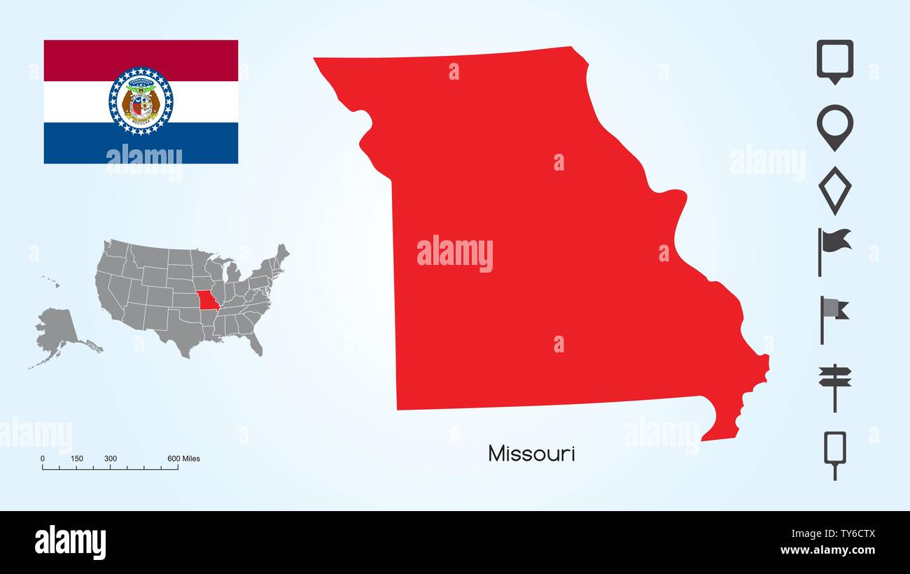Karte der Vereinigten Staaten von Amerika mit dem ausgewählten Zustand von Missouri und Missouri Fahne mit Locator Collection. Stock Vektor