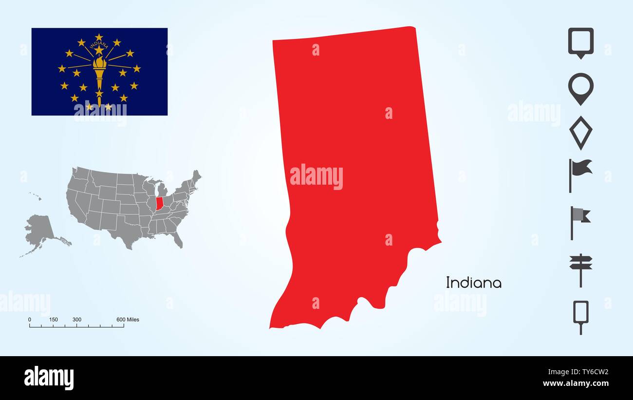 Karte der Vereinigten Staaten von Amerika mit dem ausgewählten Zustand von Indiana und Indiana Flagge mit Locator Collection. Stock Vektor