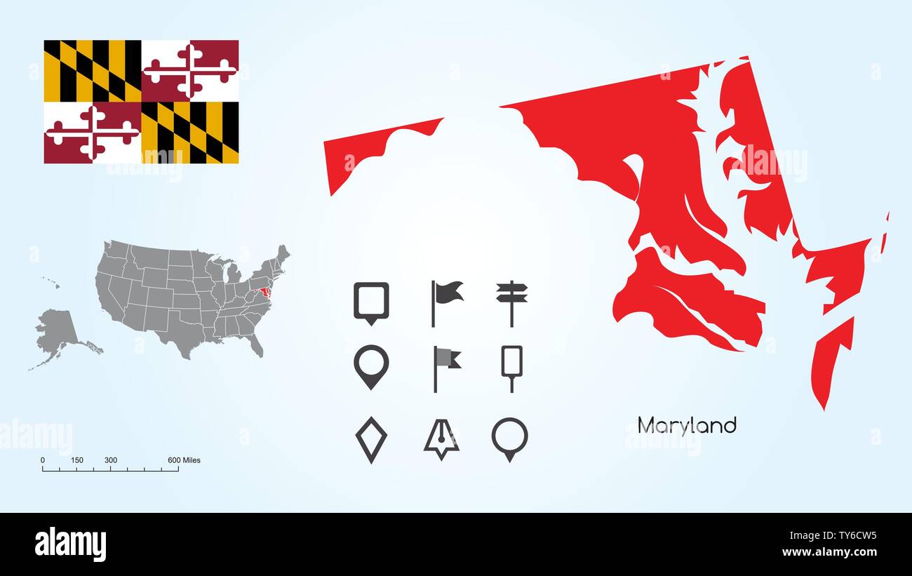 Karte der Vereinigten Staaten von Amerika mit dem ausgewählten Zustand von Maryland und Maryland Flagge mit Locator Collection. Stock Vektor