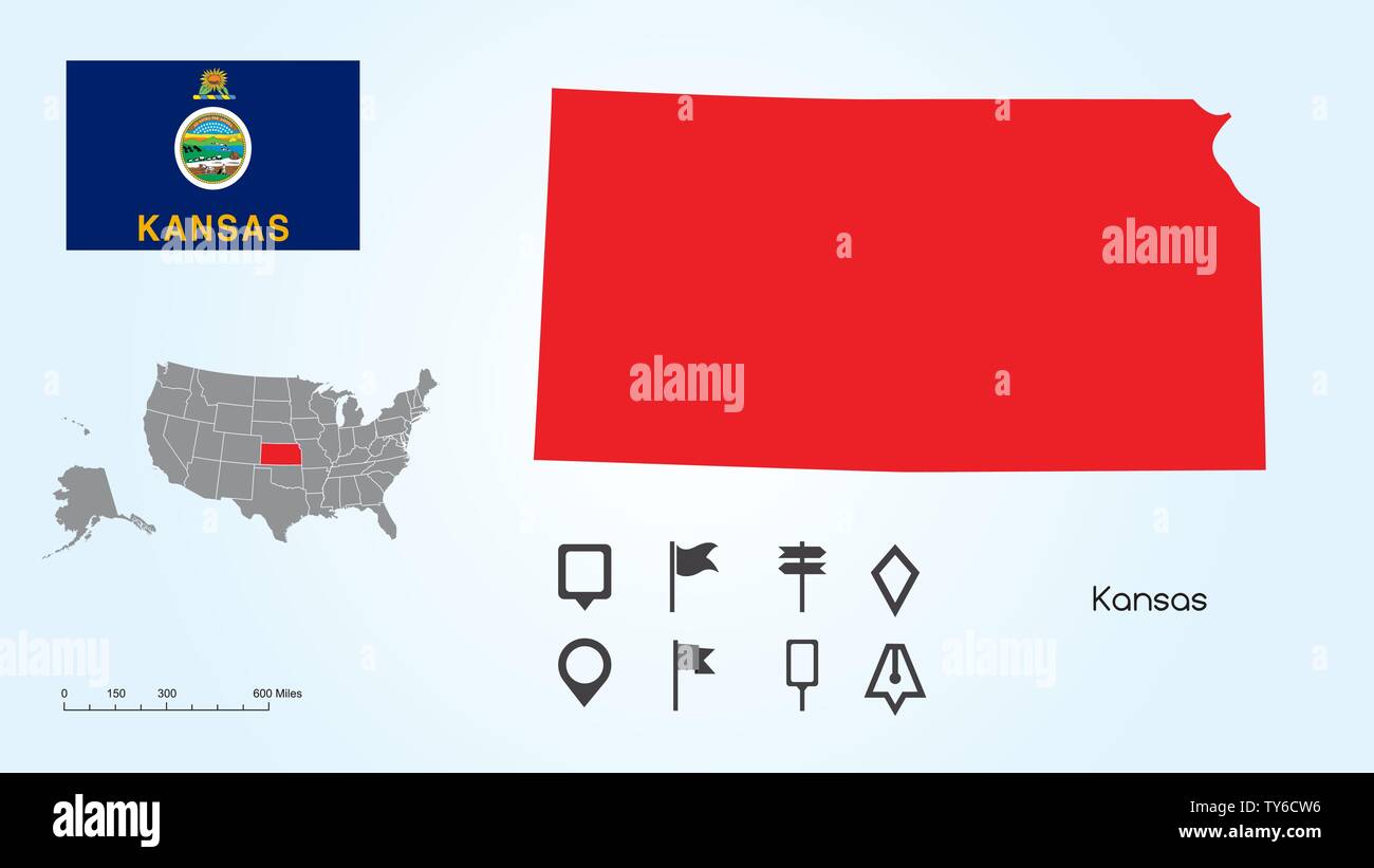 Karte der Vereinigten Staaten von Amerika mit dem ausgewählten Zustand von Kansas und Kansas Flagge mit Locator Collection. Stock Vektor