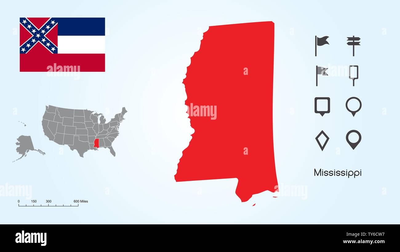 Karte der Vereinigten Staaten von Amerika mit dem ausgewählten Zustand von Mississippi und Mississippi Flagge mit Locator Collection. Stock Vektor
