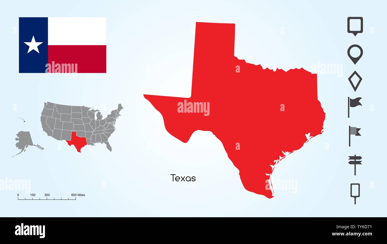 Karte der Vereinigten Staaten von Amerika mit dem ausgewählten Zustand von Texas und Texas Flagge mit Locator Collection. Stock Vektor