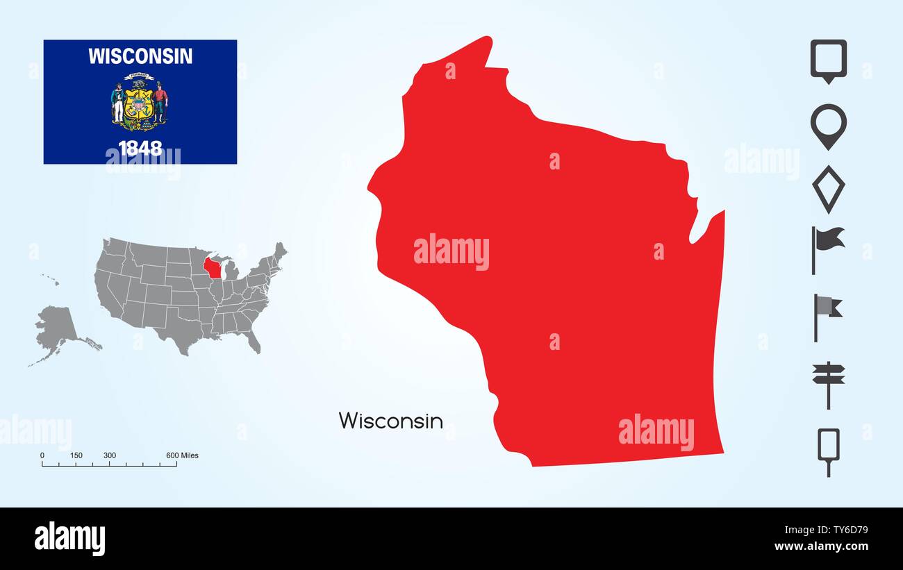 Karte der Vereinigten Staaten von Amerika mit dem ausgewählten Zustand von Wisconsin und Wisconsin Flagge mit Locator Collection. Stock Vektor