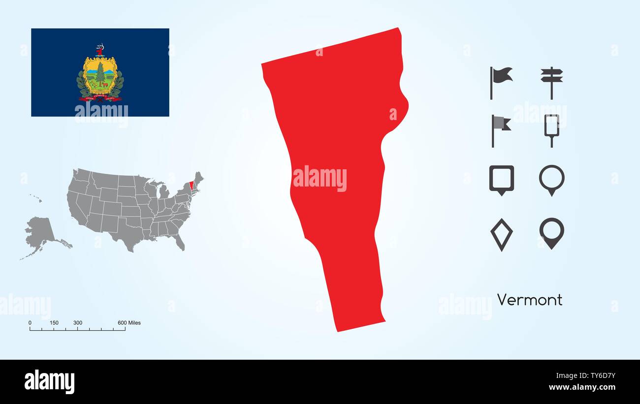 Karte der Vereinigten Staaten von Amerika mit dem ausgewählten Zustand von Vermont und Vermont Flagge mit Locator Collection. Stock Vektor