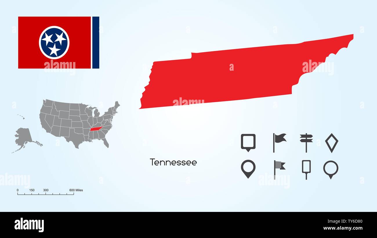 Karte der Vereinigten Staaten von Amerika mit dem ausgewählten Zustand von Tennessee und Tennessee Fahne mit Locator Collection. Stock Vektor