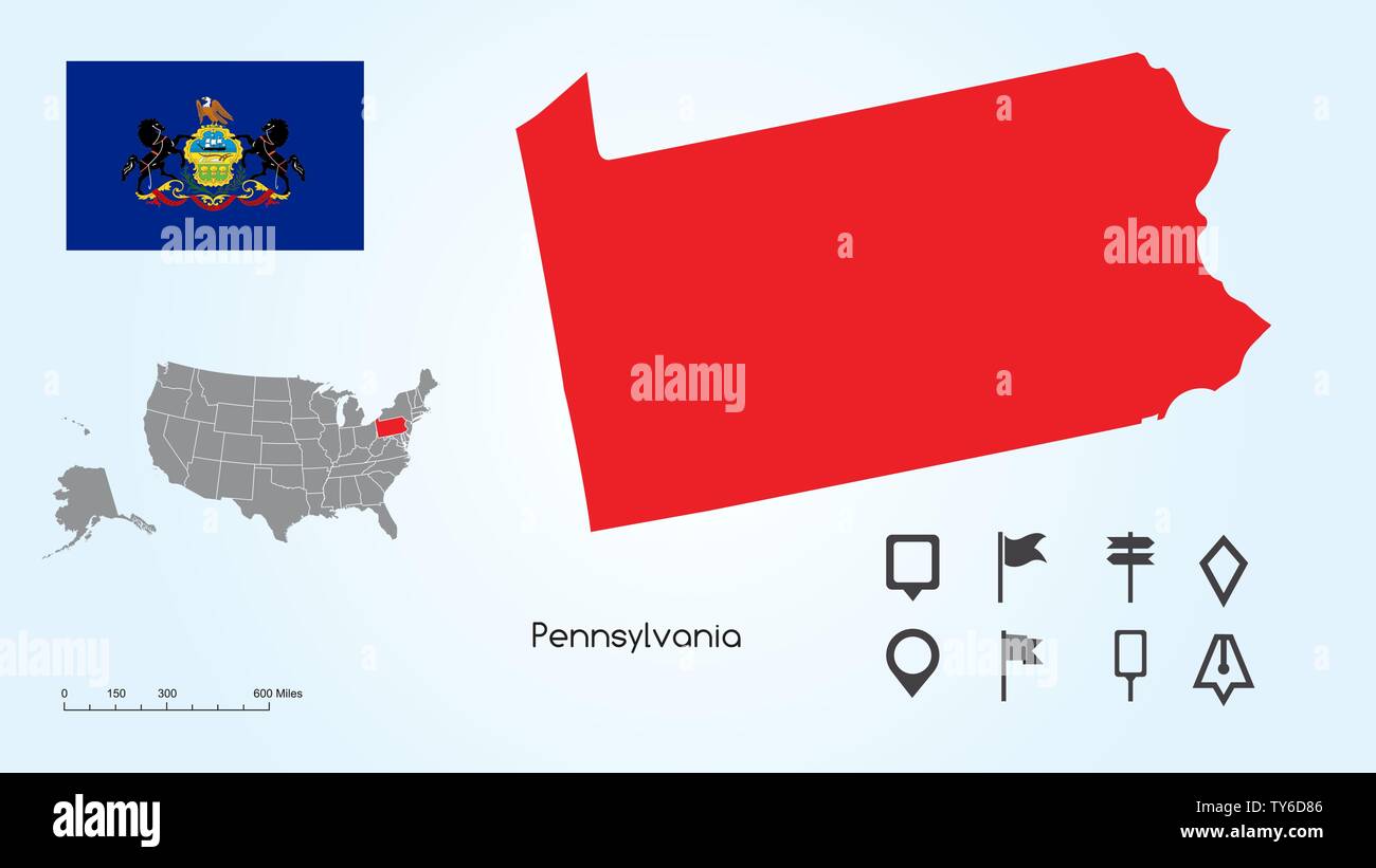 Karte der Vereinigten Staaten von Amerika mit dem ausgewählten Zustand von Pennsylvania und Pennsylvania Flagge mit Locator Collection. Stock Vektor