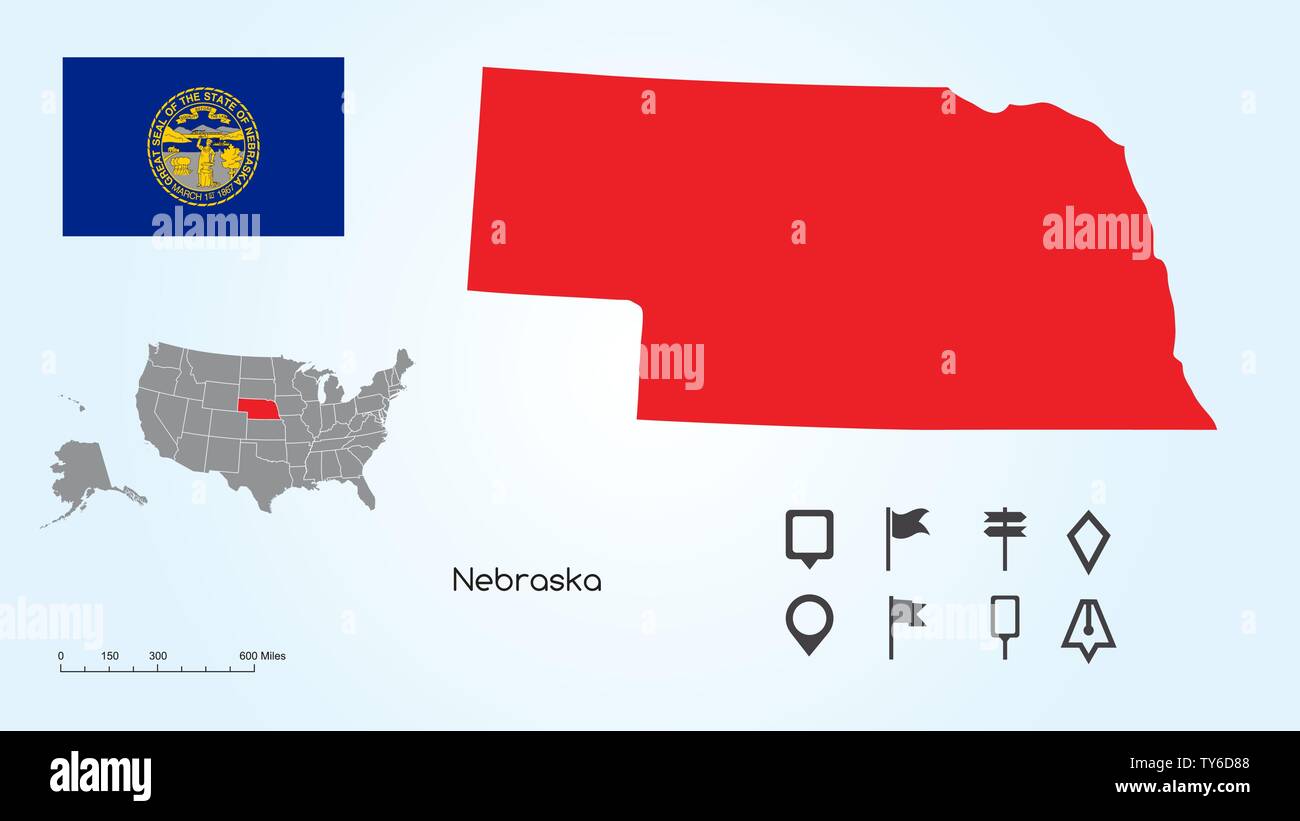 Karte der Vereinigten Staaten von Amerika mit dem ausgewählten Bundesstaat Iowa und Nebraska Flagge mit Locator Collection. Stock Vektor