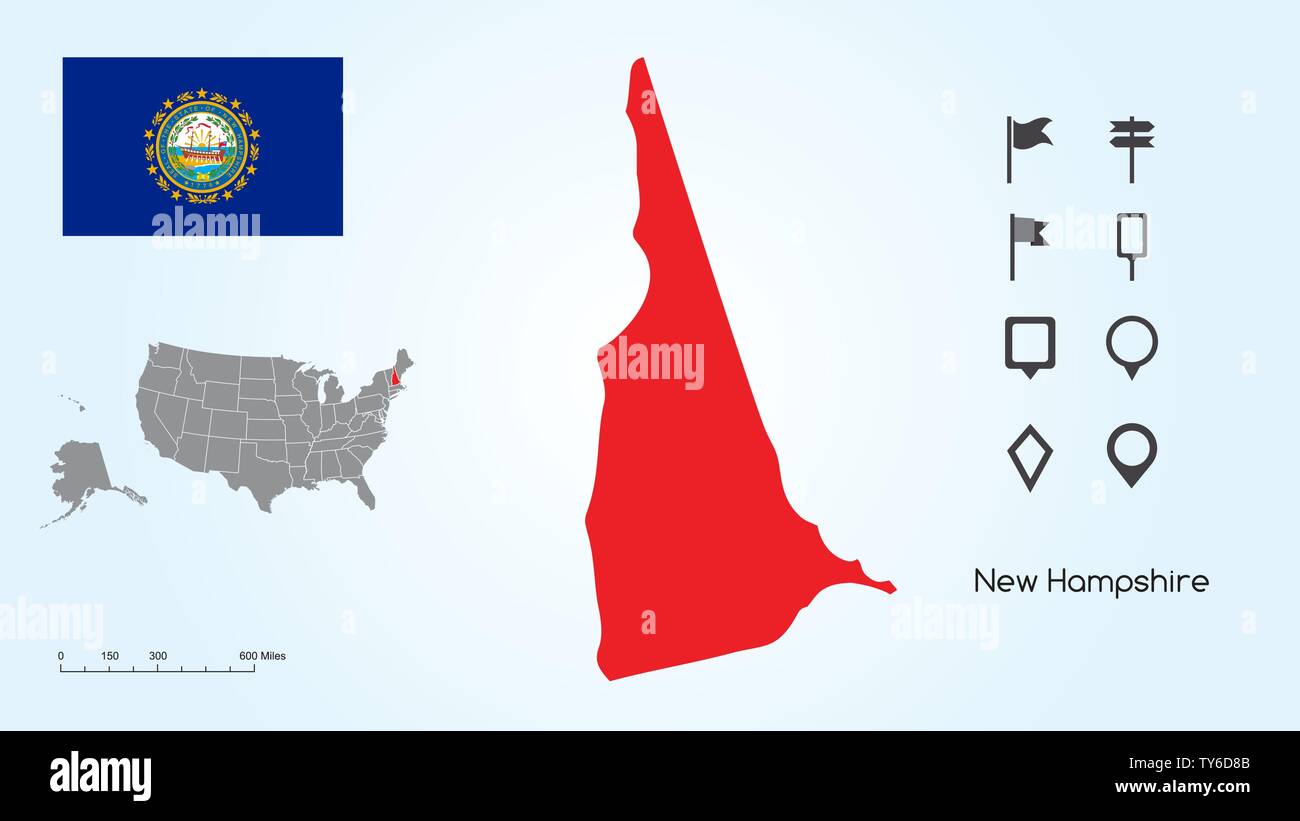 Karte der Vereinigten Staaten von Amerika mit dem ausgewählten Zustand von New Hampshire und New Hampshire Flagge mit Locator Collection. Stock Vektor