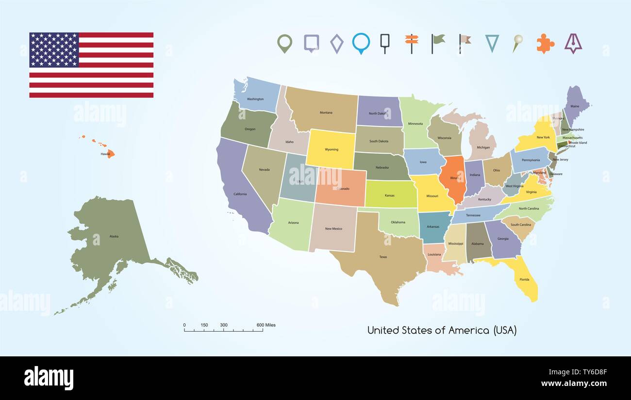 Vector Illustration eines High Detail Karte der Vereinigten Staaten von Amerika verschiedene Farben für die einzelnen Länder mit USA-Flagge und Locator Collection. Stock Vektor