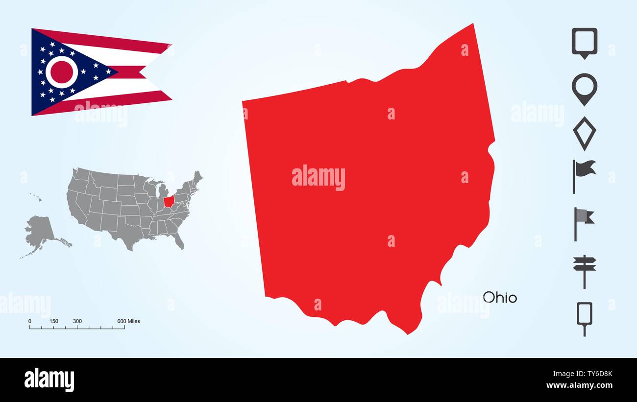 Karte der Vereinigten Staaten von Amerika mit dem ausgewählten Zustand von Ohio und Ohio Flagge mit Locator Collection. Stock Vektor