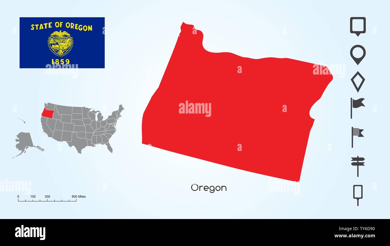 Karte der Vereinigten Staaten von Amerika mit dem ausgewählten Zustand von Oregon und Oregon Flagge mit Locator Collection. Stock Vektor