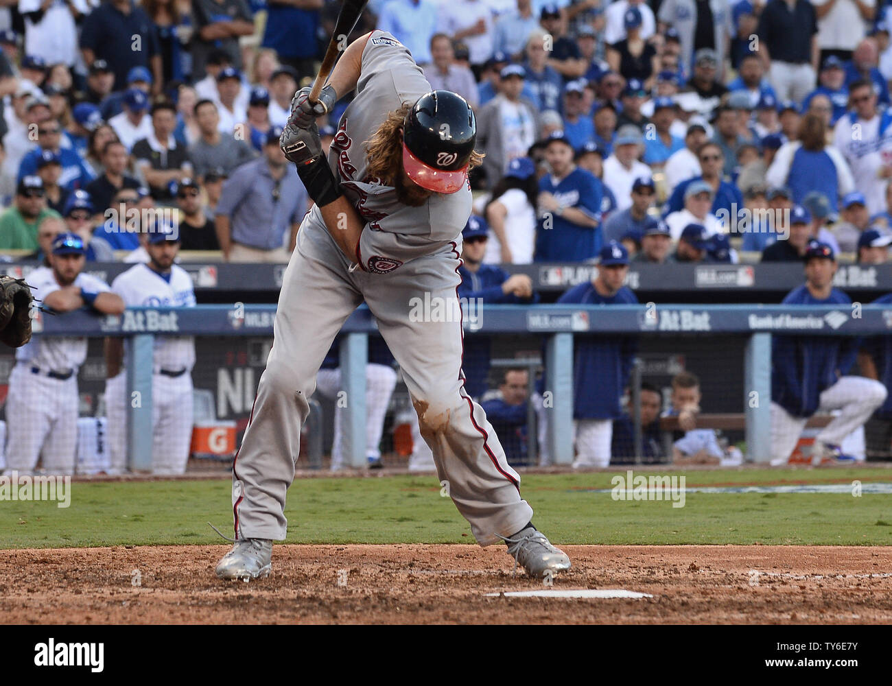 Washington Nationals" jayson Werth ist von einer Tonhöhe von Los Angeles Dodgers Helfer Pedro Baez während des siebten Inning der National League Division Series Spiel 4 im Dodger Stadium Los Angeles, 11. Oktober 2016 schlug. Foto von Jim Ruymen/UPI Stockfoto
