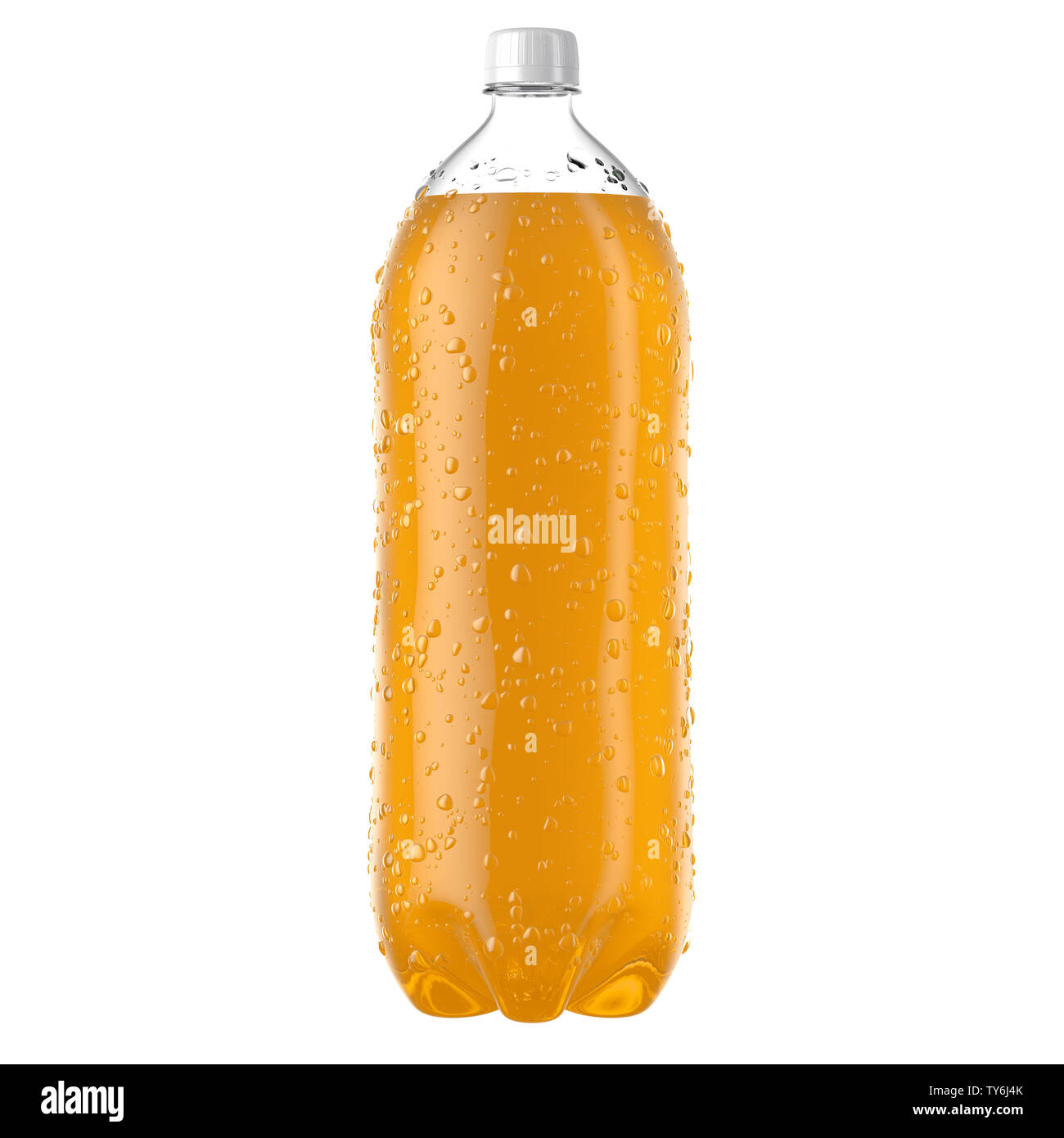 Ein Kunststoff 2 Liter orange Soda Flasche mit Kondensation Tropfen auf einem isolierten weißen studio Hintergrund - 3D-Rendering Stockfoto