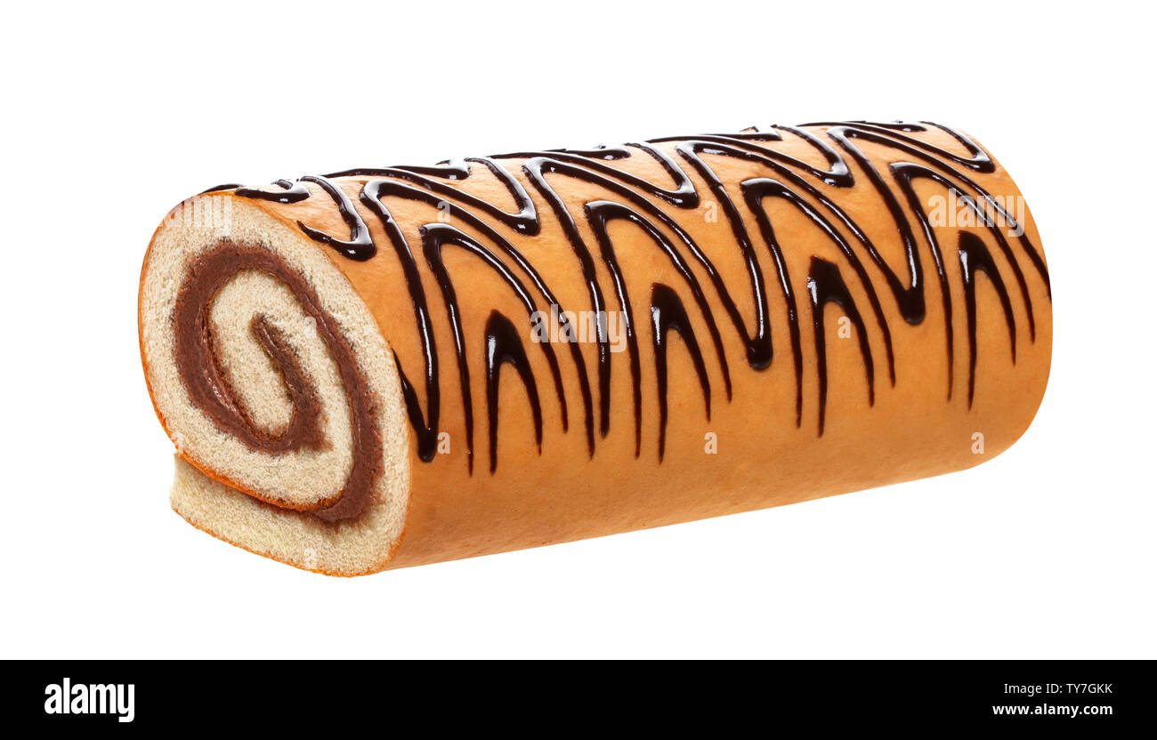 Biskuit Rolle auf weißem Hintergrund, swiss Roll mit Schokolade Stockfoto
