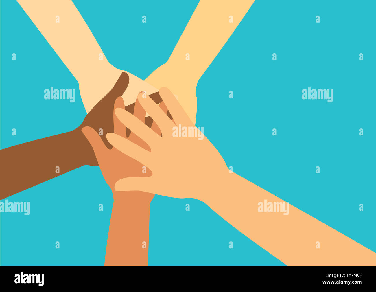 Menschen setzen ihre Hände zusammen Stockfoto