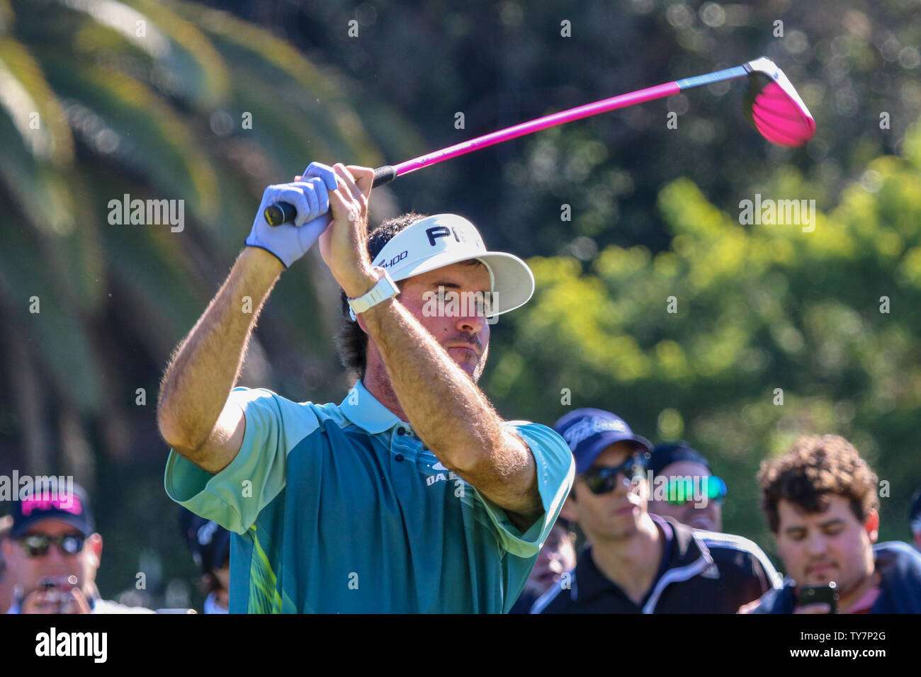 Bubba Watson zweigt weg während der Endrunde der Genesis Open im Riviera Country Club in Los Angeles, Kalifornien am 18. Februar 2018. Watson geht in die letzte Runde an der Spitze des Turniers. Foto von Howard Shen/UPI Stockfoto