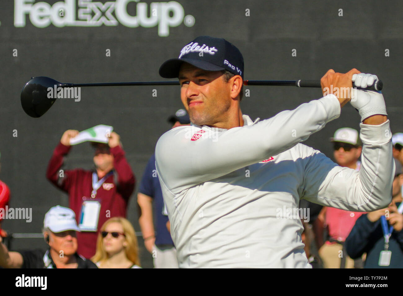 Adam Scott T-Stücke des während der letzten Runde des Genesis Open im Riviera Country Club in Los Angeles, Kalifornien am 18. Februar 2018. Foto von Howard Shen/UPI Stockfoto