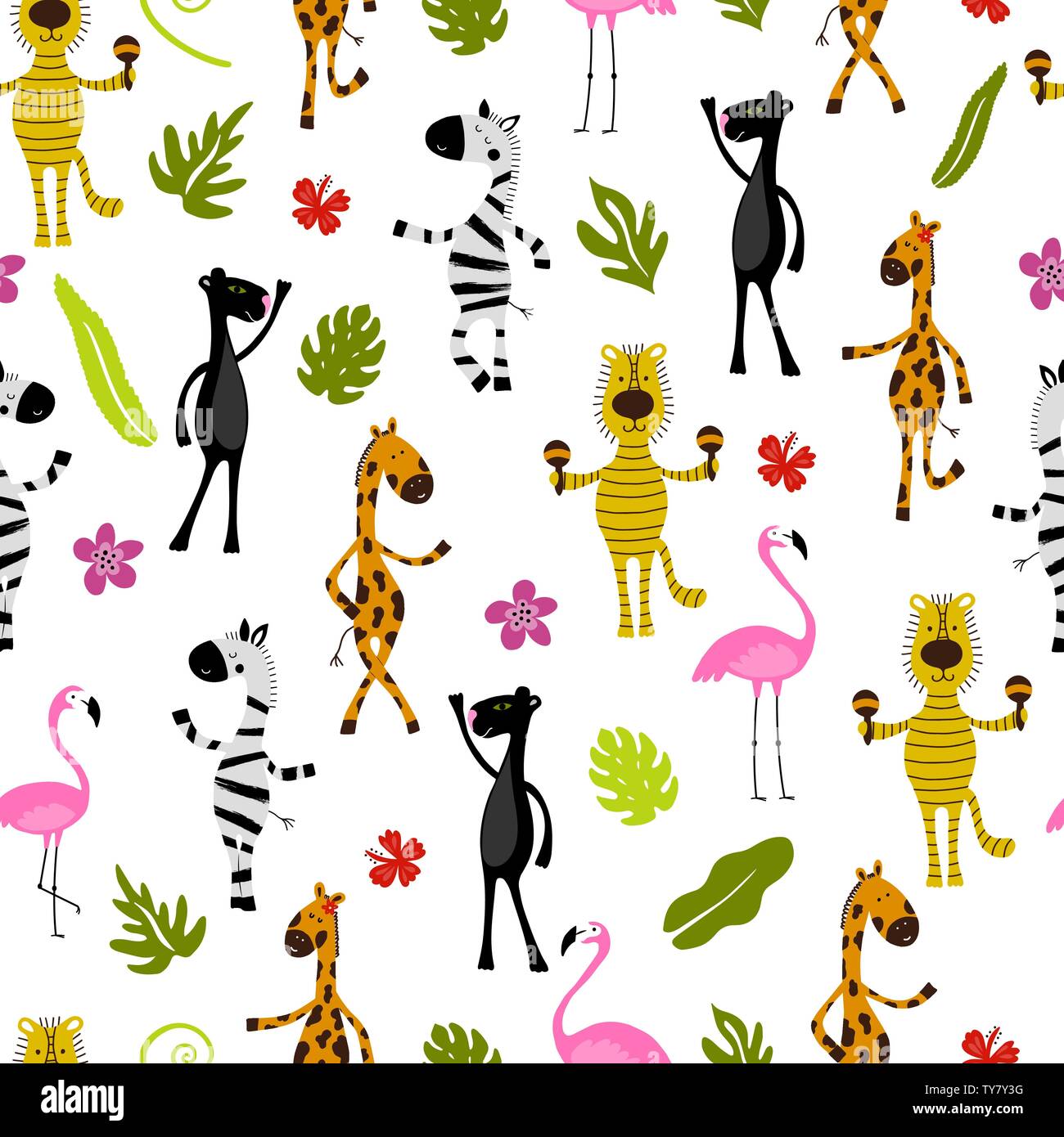 Nahtlose Muster mit Flamingo, Giraffe, Zebra, Tiger, Panther und Palmen. Tierwelt. Dschungel. Stock Vektor