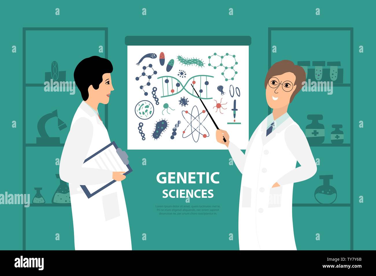 Vector Illustration mit zwei Wissenschaftler im Labor. Gesundheit und Biochemie Labor der Nanotechnologie. Stock Vektor