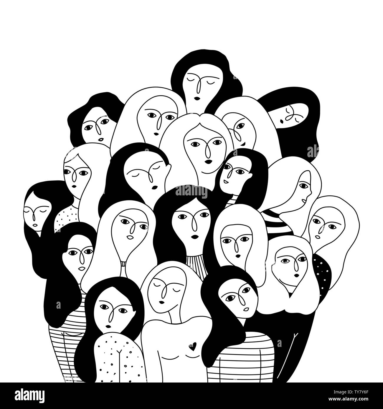 Schwarz-weiß illustration mit Frauen Gesichter. Der Tag der Frau. Feminismus. Vektor Vorlagen für Karte, Plakat und Flyer. Stock Vektor