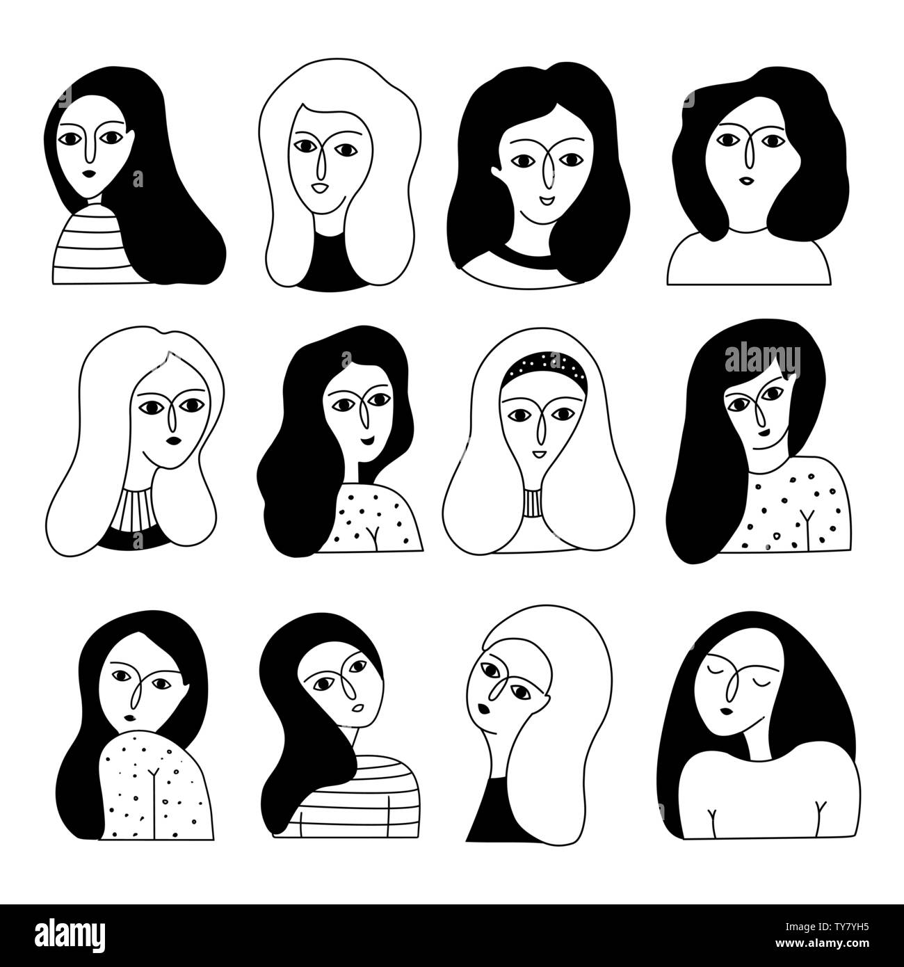 Satz von Frauen Gesichter. Doodle Porträts modische Mädchen. Feminismus. Vektor Vorlagen für Social Media, Website. Stock Vektor