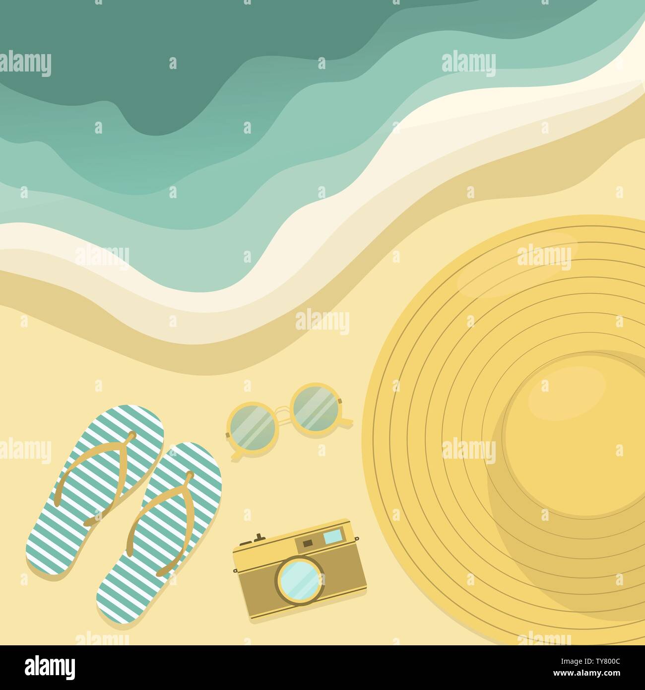 Hut, Kamera, Sonnenbrille und Flip Flops an einem tropischen Strand. Flache Darstellung. Stock Vektor Hut, Kamera, Sonnenbrille und Flip Flops an einem tropischen Strand. Flache Darstellung. Stock Vektor