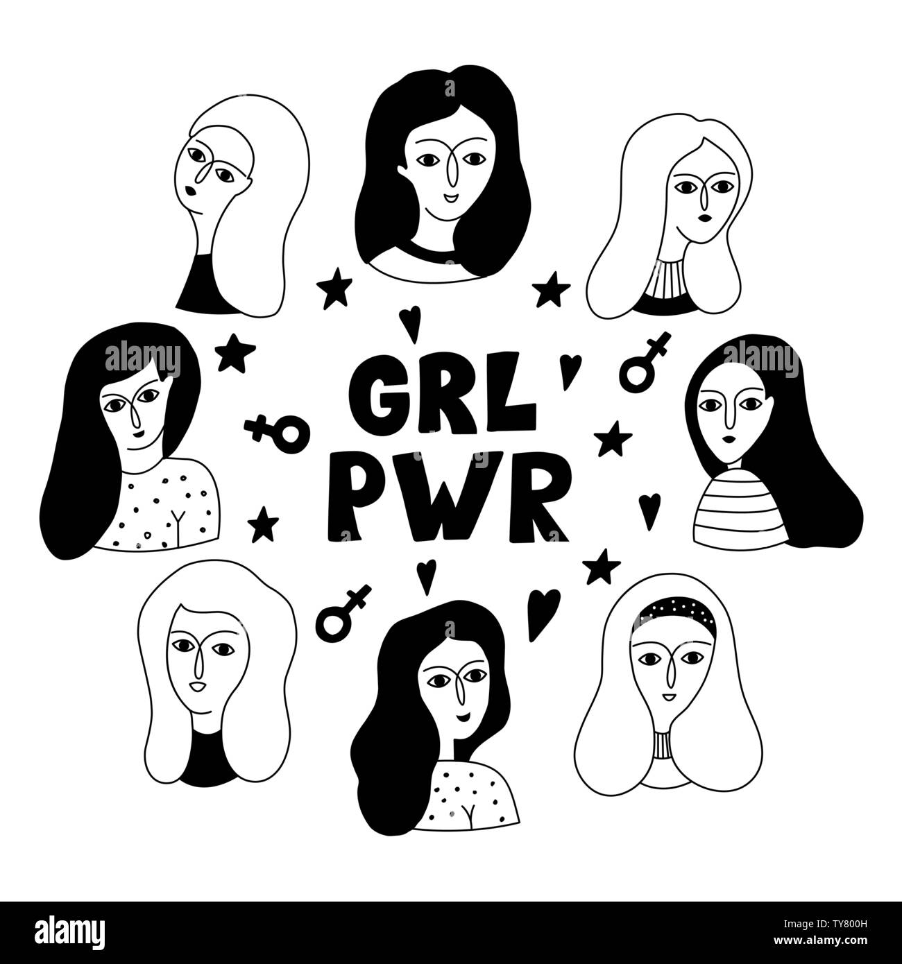Abbildung mit Frauen Gesichter und Schriftzug GRL PWR gezeichnet. Feminismus. Vektor Vorlagen für Karte, Plakat und Flyer. Stock Vektor