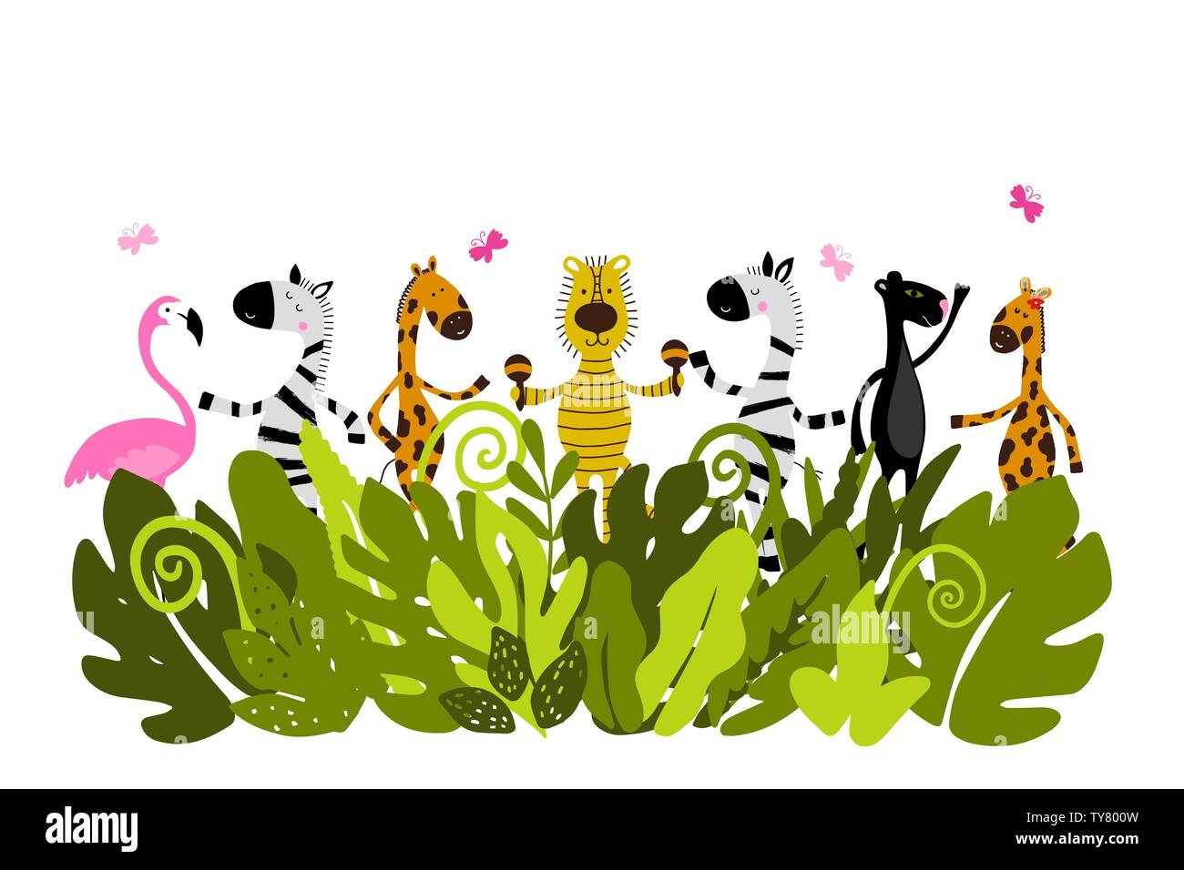 Dschungel, Tiere mit tropischen Blättern. Cartoon Zebras, Giraffen, Flamingo, Panda, Tiger. Kann für Kind Buch, t-shirt, Poster, Grußkarten. Stock Vektor