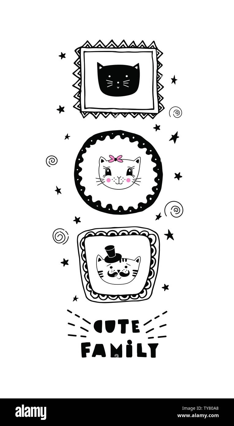 Lustige Karte mit niedlichen Katzen Gesichter und Schriftzug nette Familie! Vector Illustration. Können Sie für T-Shirt Druck, Kind Bücher und Karten. Stock Vektor