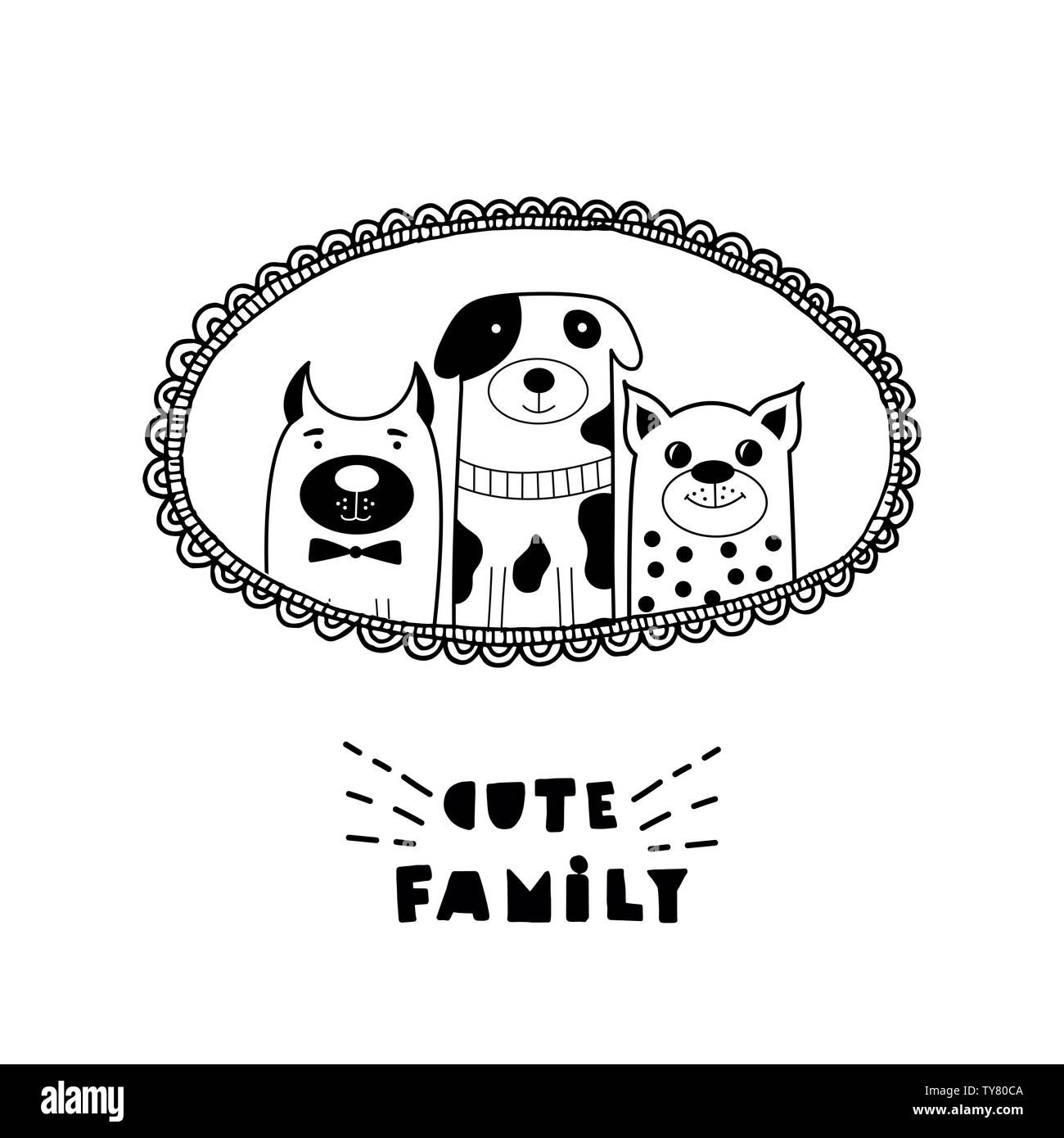 Lustige Karte mit niedlichen Hunde Gesichter und Schriftzug nette Familie! Vector Illustration. Können Sie für T-Shirt Druck, Kind Bücher und Karten. Stock Vektor