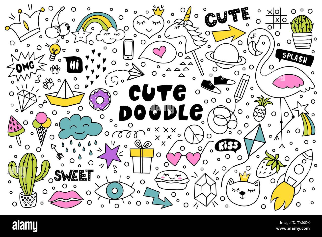 Satz von Süß und bunt doodle Handzeichnung auf weißem Hintergrund. Stock Vektor