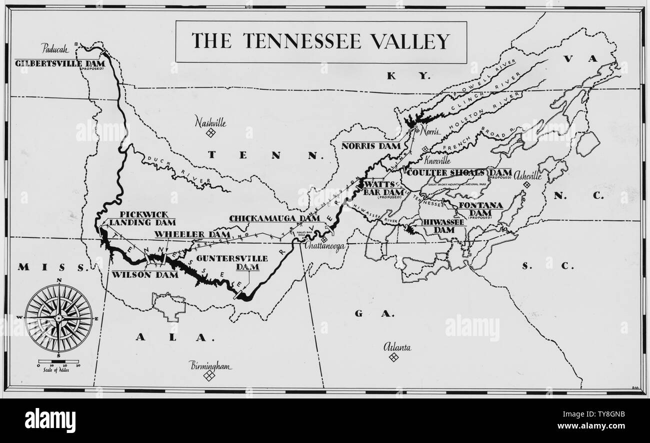 Karte der Tennessee Valley Authority Stockfoto