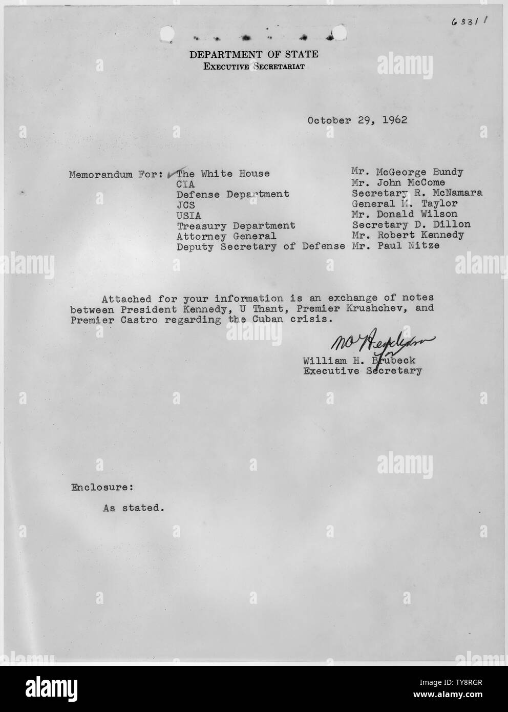 Memorandum für das Weiße Haus anderen Agenturen und Personal, 29 Oktober, 1962; Umfang und Inhalt: Abdeckung Memo mit Kopien der Austausch zwischen John F. Kennedy, Nikita Chruschtschow, U Thant, und Fidel Castro während der Kuba-krise gesendet. Stockfoto