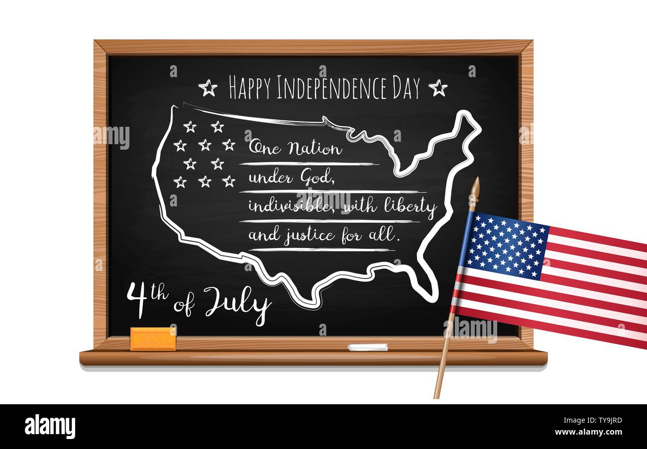 Worte, die uns Fahneneid mit Kreide auf einer Tafel und USAFlagge