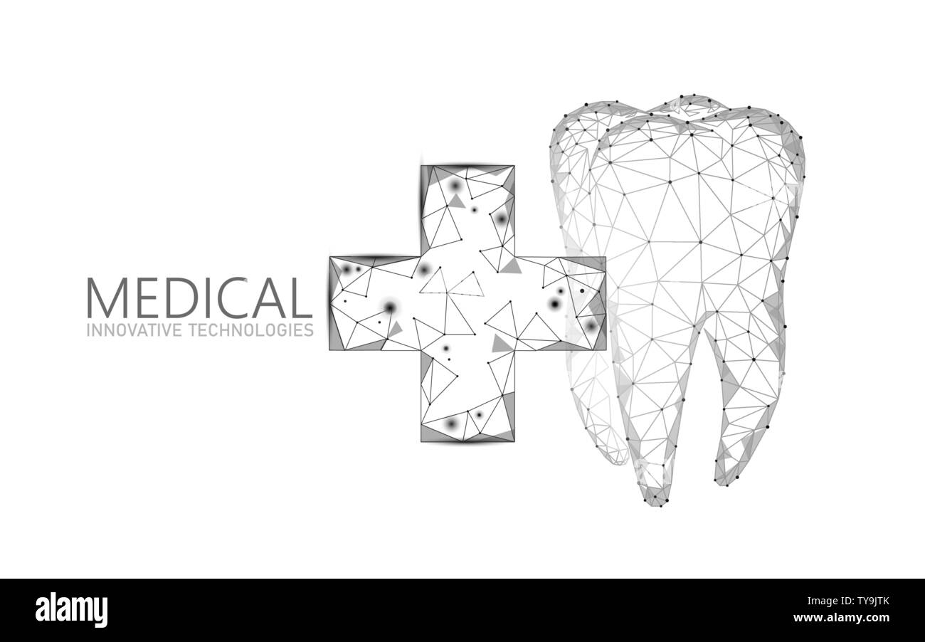 Medizinische Kreuz gesunde menschliche Zahn 3d. Medizin Modell Low Poly. Doktor online Konzept. Medizinische Beratung app. Web healthcare Zahnarzt stomatologist Stock Vektor