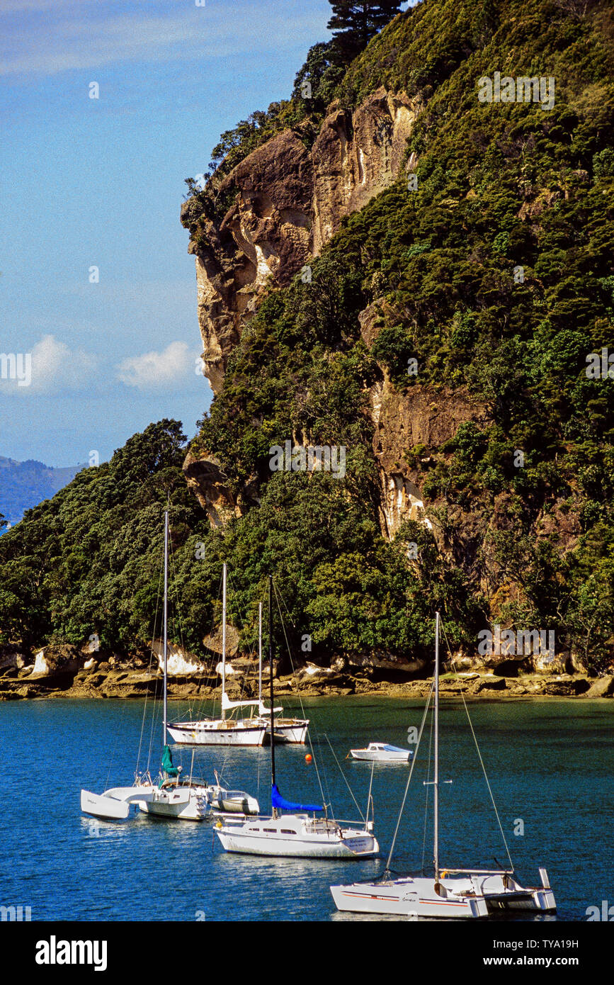Neuseeland, Nordinsel. Natürlicher Hafen mit Segelbooten. Foto: © Simon Grosset. Archiv: Bild von einem ursprünglichen Transparenz digitalisiert. I Stockfoto