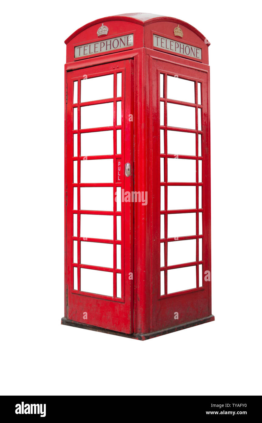 Britische Telefonzelle auf weißem Hintergrund Stockfoto