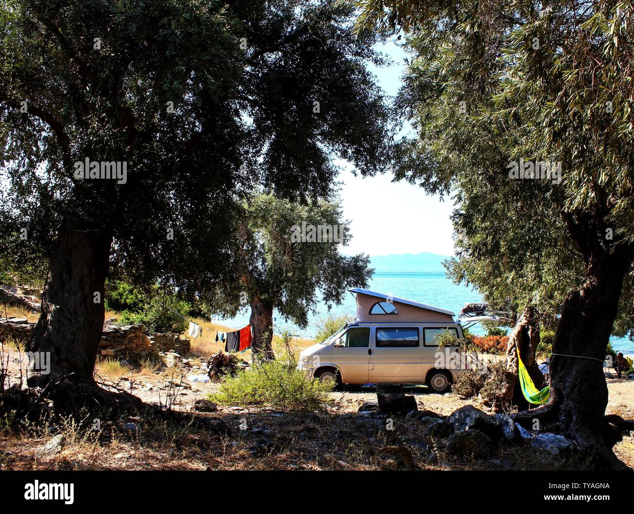 Camping Auto mit hebbarem Dach, eine Hängematte und einige wäscheleinen zwischen Olivenbäumen, in der Nähe des Ozeans mit türkisfarbenem Wasser in der Nähe von Pilion, Griechenland. Stockfoto