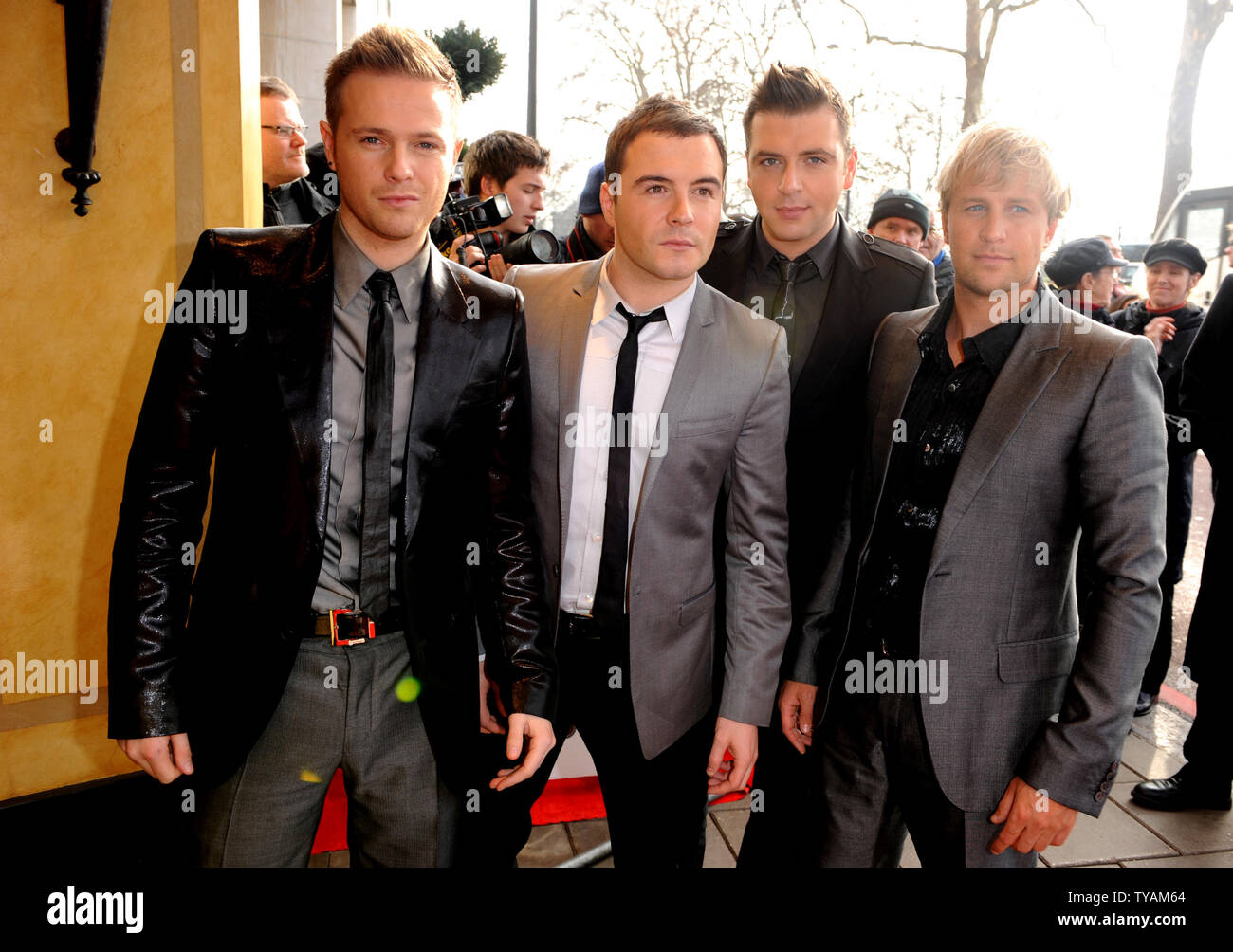 Die irische Boyband Westlife nehmen an der South Bank Show Awards" im Dorchester Hotel in London am 29. Januar 2008. (UPI Foto/Rune Hellestad) Stockfoto